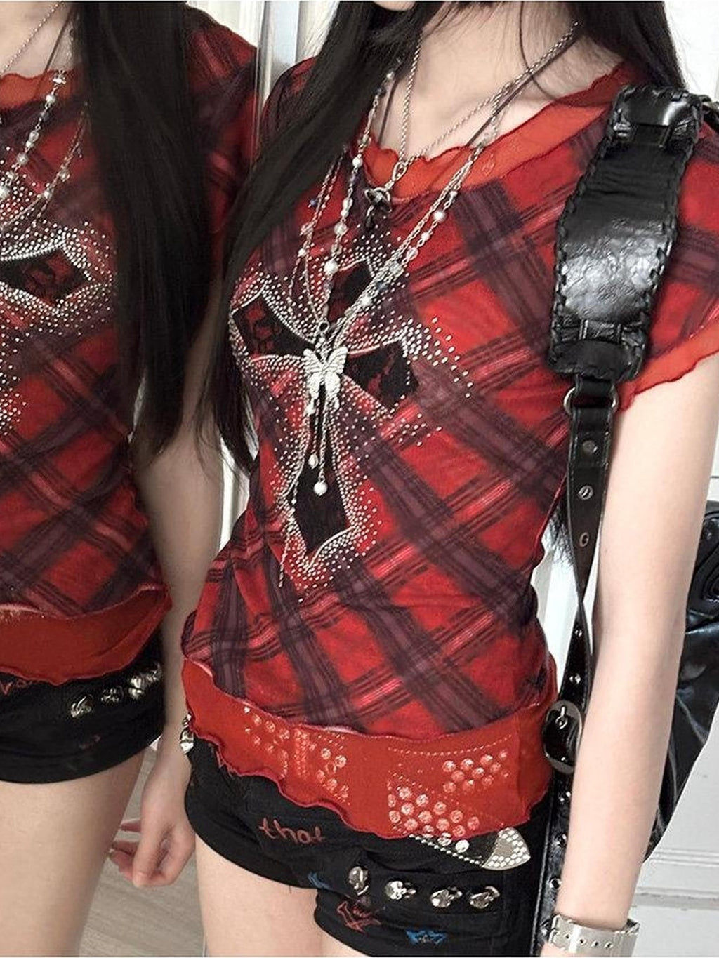 Kyouko Baby Gothic Punk Cross Rhinestone Lace Women's Mesh Short Sleeve T-shirts