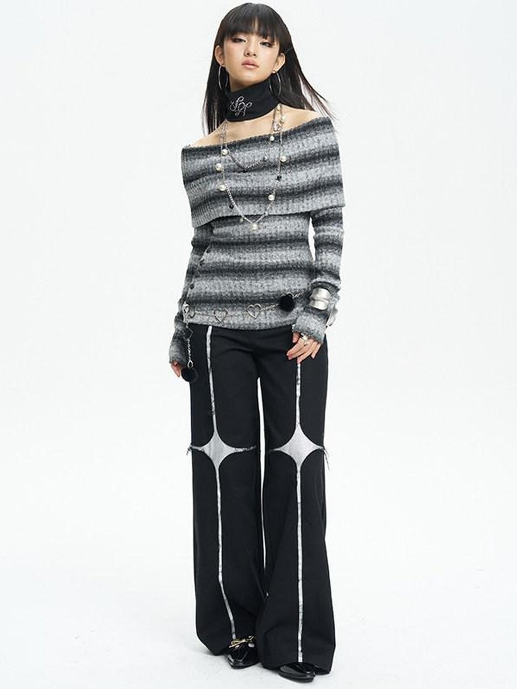 NextPassport MOF Black Asymmetric Silver Cross Sequin Women's Elastic Waist Wide-leg Pants