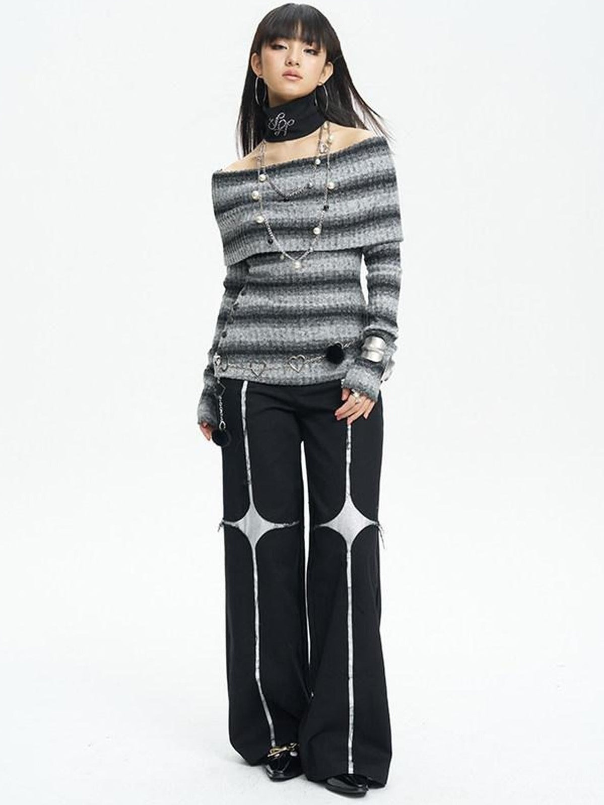 NextPassport MOF Black Asymmetric Silver Cross Sequin Women's Elastic Waist Wide-leg Pants