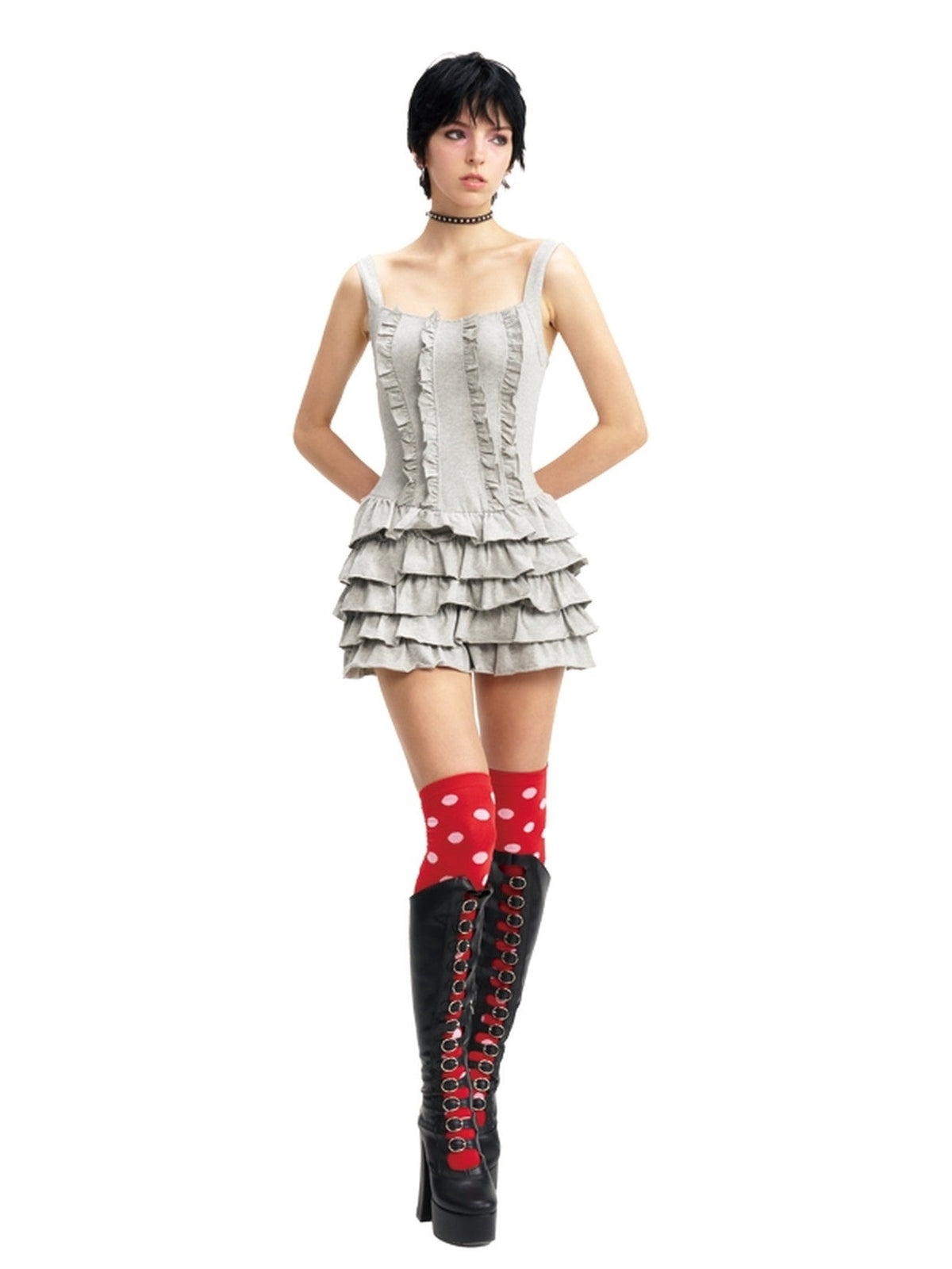NextPassport MOF Gray Knit Puffed Tiered Spaghetti Strap Women's Cotton Slip Mini Dresses