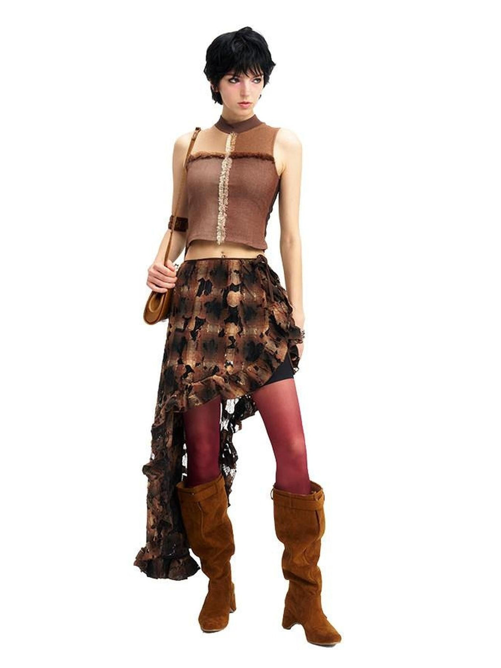 NextPassport MOF Brown Plaid Cutout Lace Distressed Women's Cotton Asymmetric Clothing Accessories