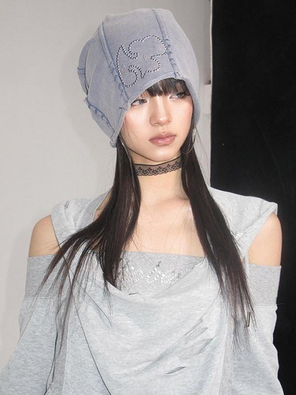 NextPassport MOF Blue Gray Vintage Washed Distressed Rhinestone Cartoon Women's Knit Beanies