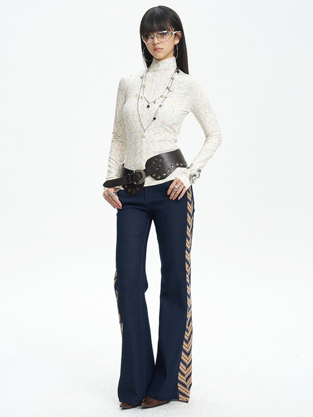 NextPassport MOF Denim Blue Patchwork Striped Tie Women's Relaxed Wide Leg Flare Pants