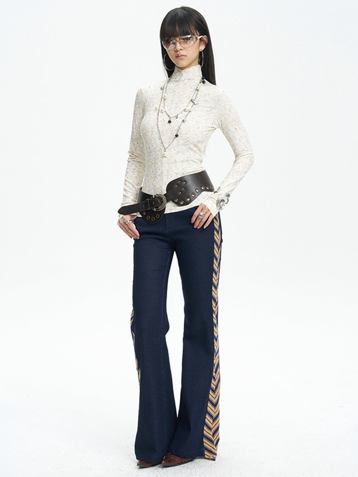 NextPassport MOF Denim Blue Patchwork Striped Tie Women's Relaxed Wide Leg Flare Pants