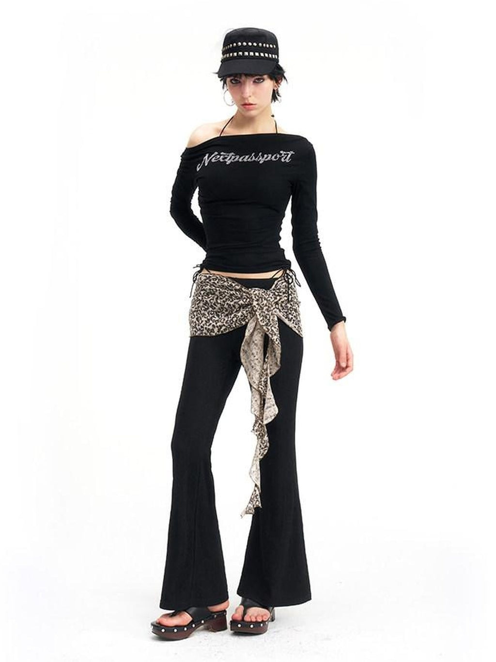 NextPassport MOF Leopard Knit Natural Waist Women's Polyester Elastane Blend Flare Pants