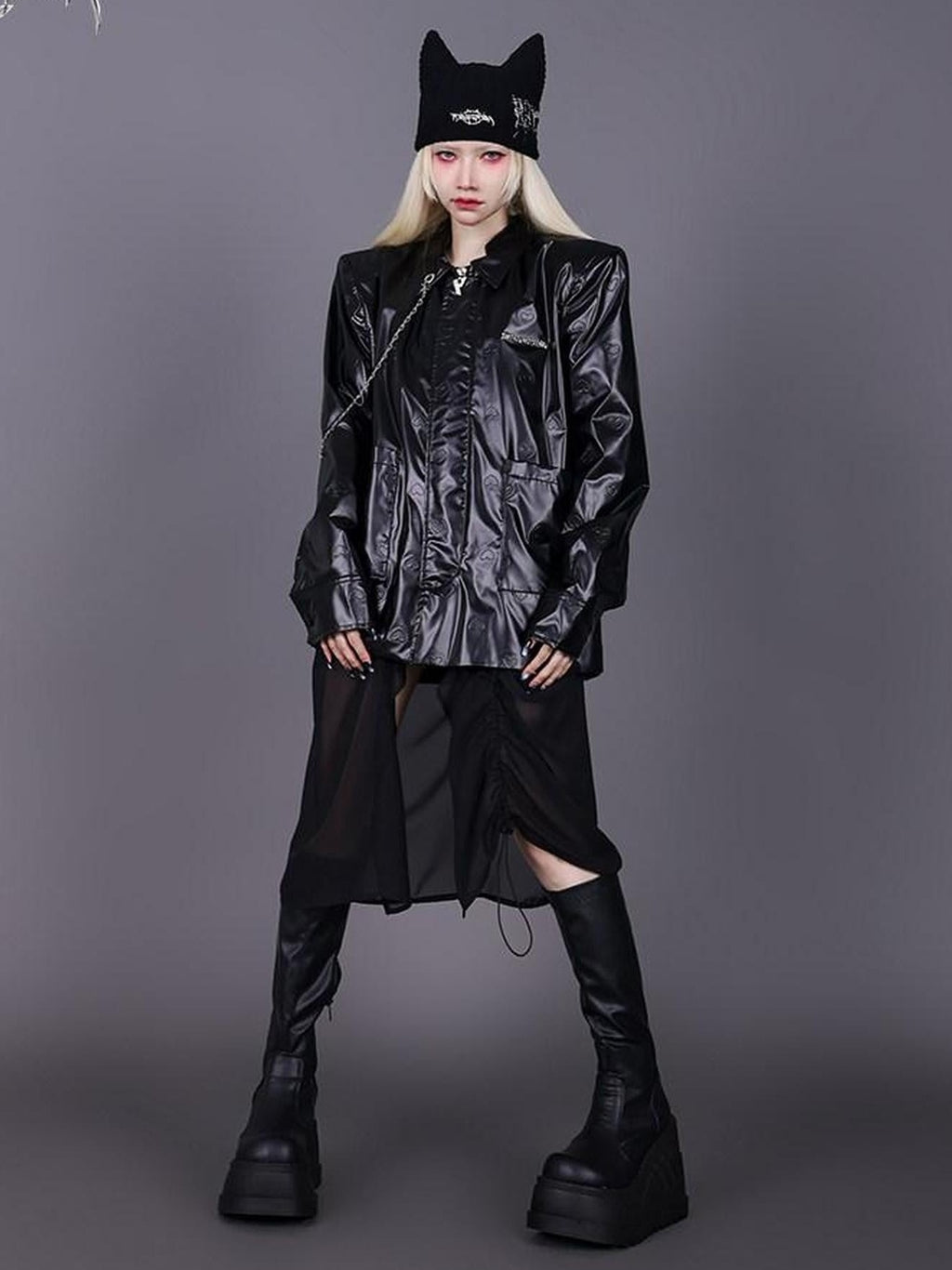 PINKSPINK Heart Embossed Metal Logo Detachable Mesh Stand Collar Women's Leather Jackets