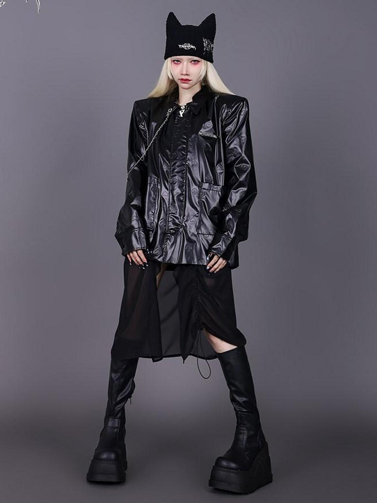 PINKSPINK Heart Embossed Metal Logo Detachable Mesh Stand Collar Women's Leather Jackets