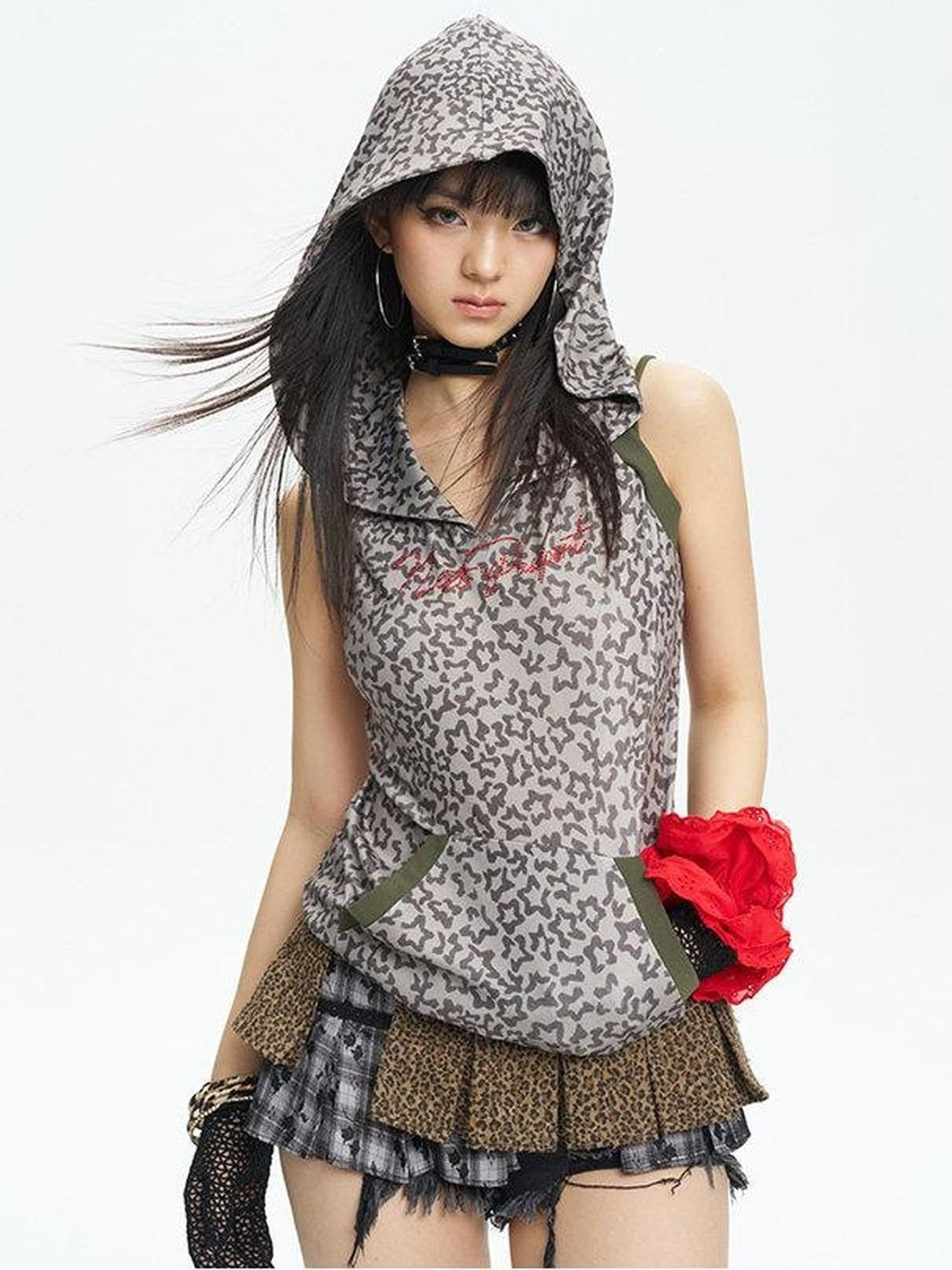 NextPassport MOF Red Rhinestone Leopard Print Hooded Women's Lightweight Tank Tops