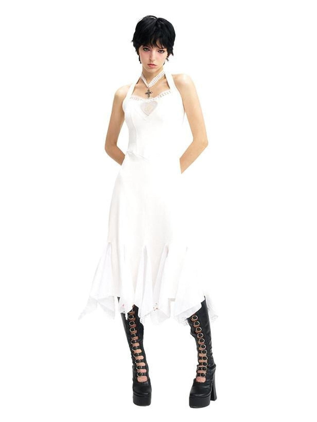 NextPassport MOF Ivory Swan Embroidery Lace Trim Ballet Hem Women's Cotton Halter Midi Dresses