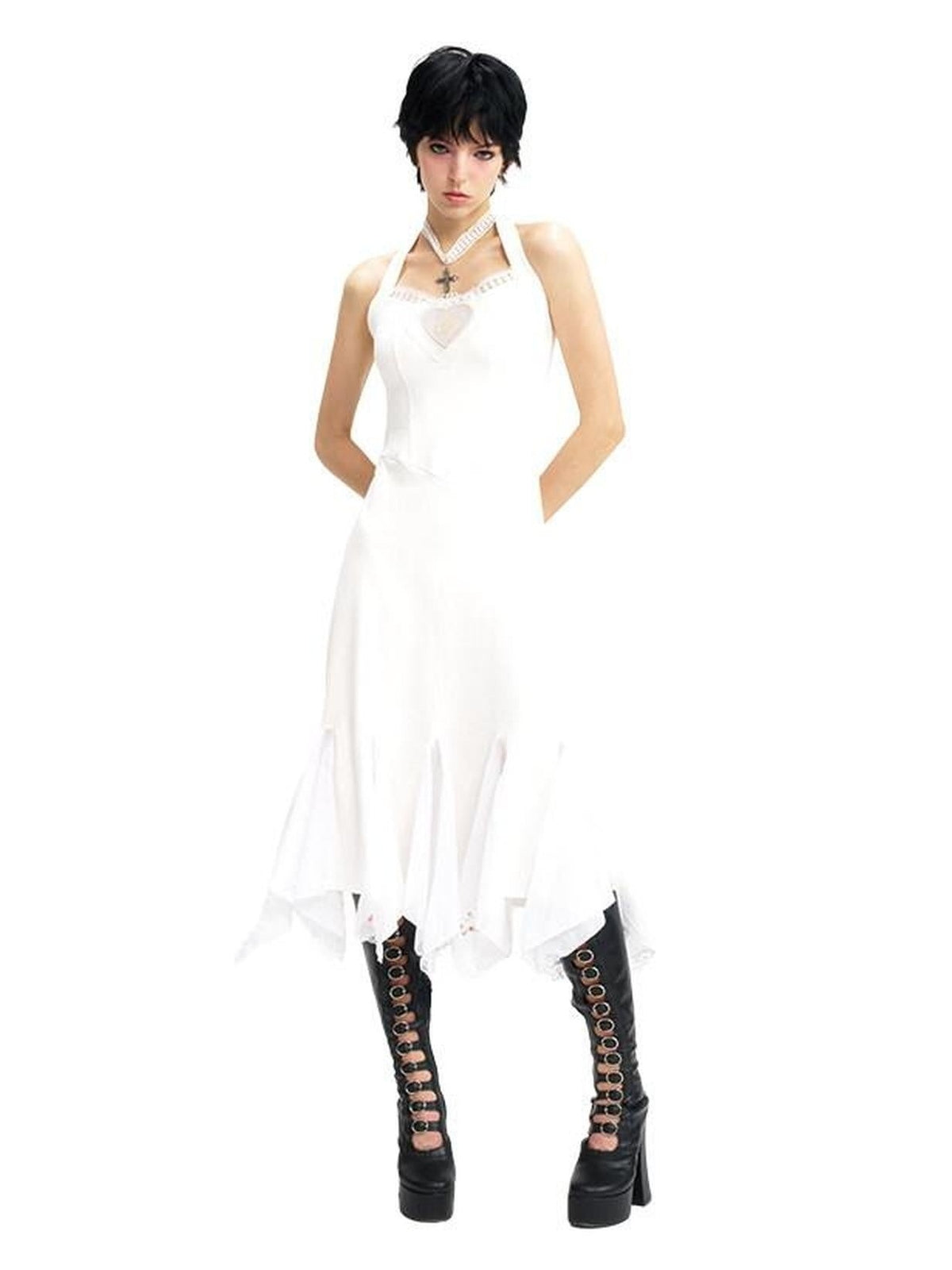 NextPassport MOF Ivory Swan Embroidery Lace Trim Ballet Hem Women's Cotton Halter Midi Dresses