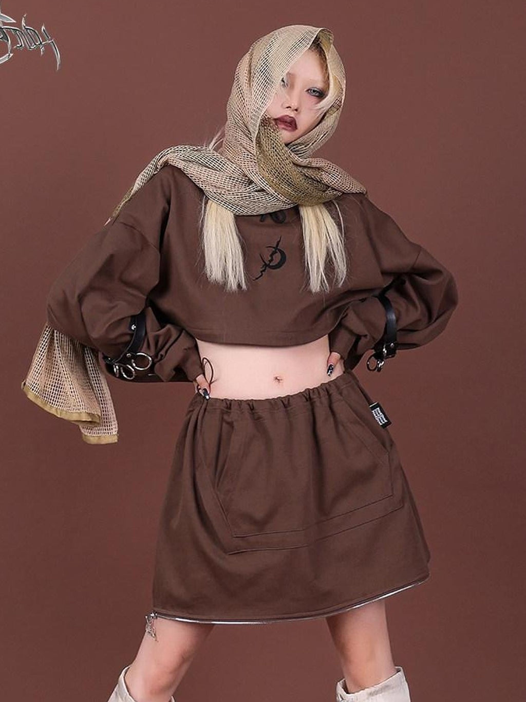 PINKSPINK Brown Embroidered Hooded Zip Convertible Women's Cotton Matching Skirt Sets