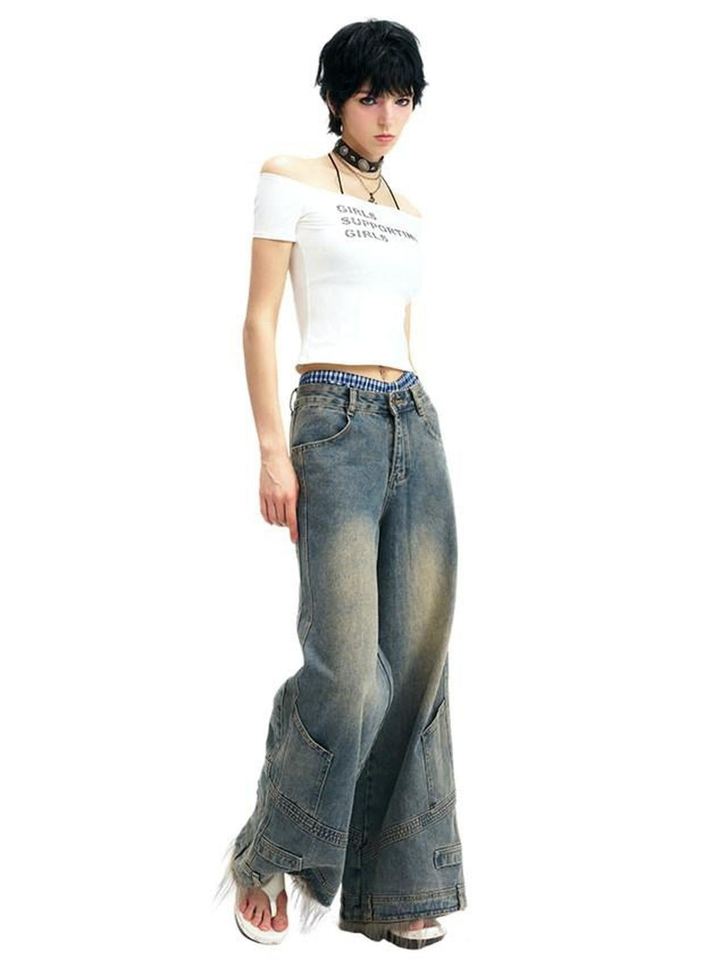 NextPassport MOF Vintage Deconstructed Frayed Hem Zip Fly Women's Denim Wide-leg Jeans