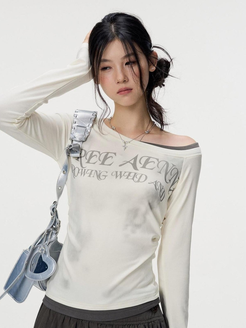 VEEMIX Gray Fake Layer Asymmetric Letter Print Women's Viscose Long Sleeve T-shirts