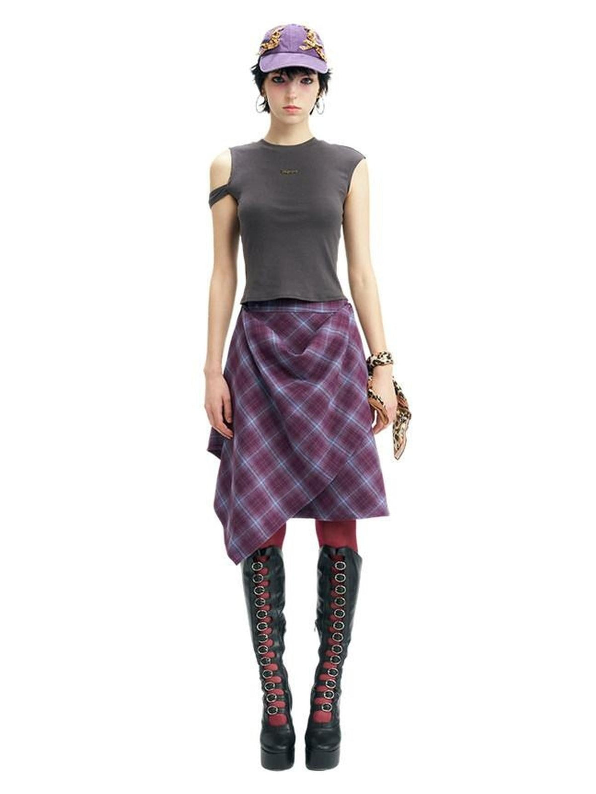 NextPassport MOF Gray Asymmetric Sleeveless Loose Fit Women's Cotton Blend Off-shoulder T-shirts