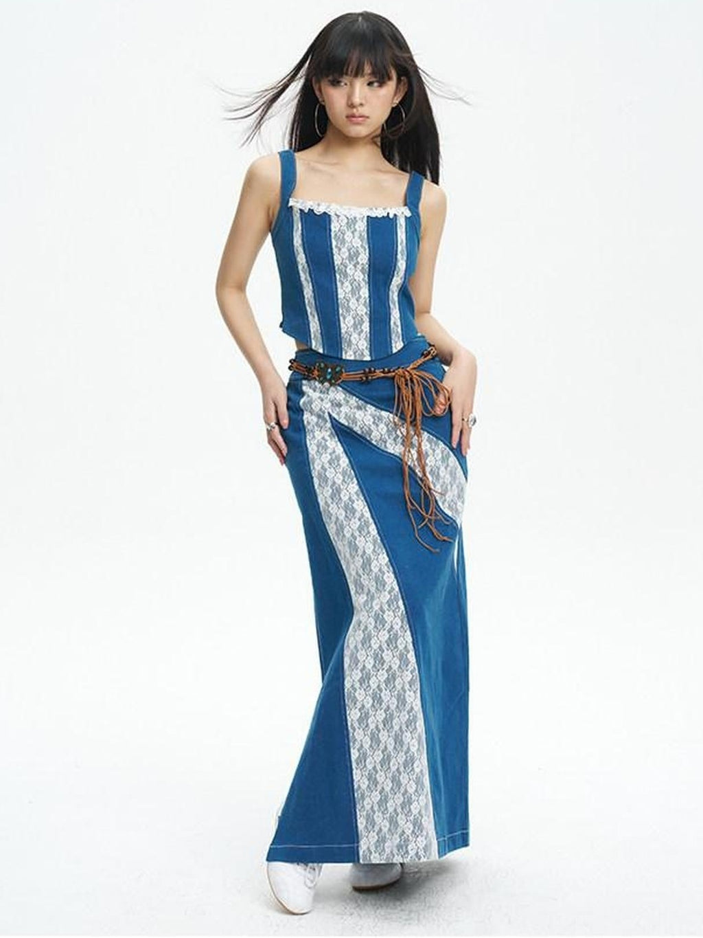 NextPassport MOF Retro Lace Patchwork Colorblock High Waist Women's Denim Maxi Skirts