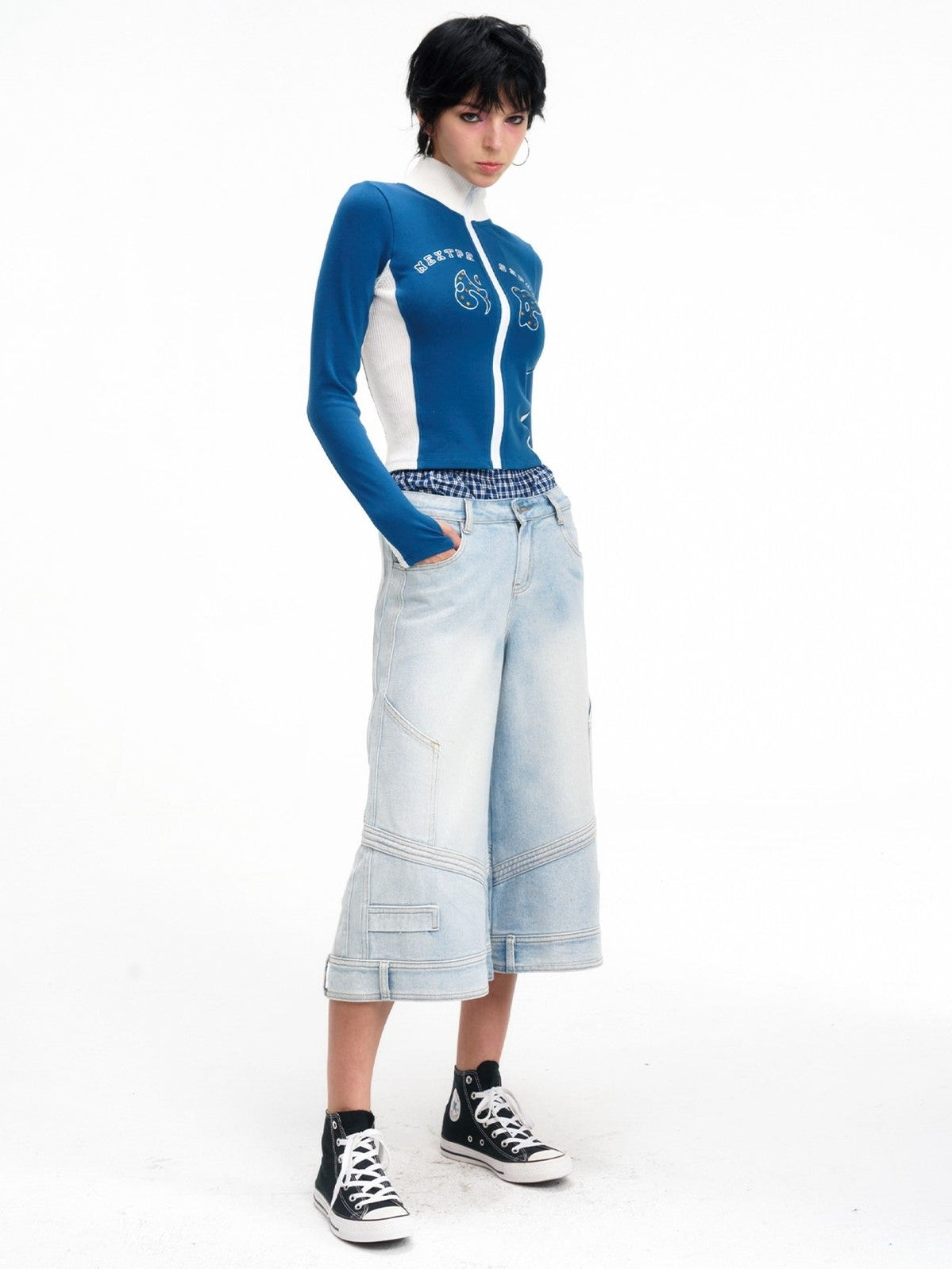 NextPassport MOF Light Blue Washed Wide Leg Faux Waist Zip Fly Women's Cotton Cropped Jeans
