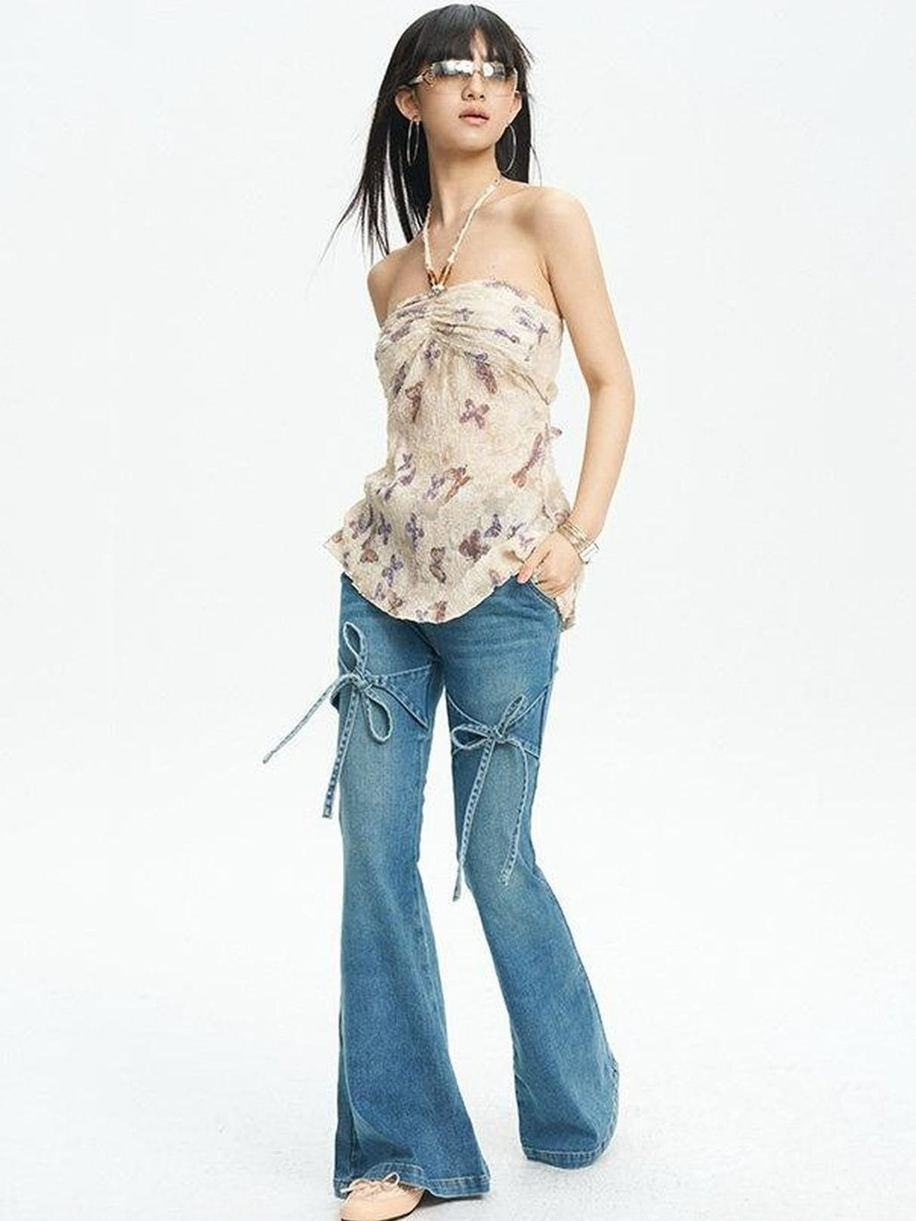 NextPassport MOF French Vintage Bow Loose Slight Stretch Women's Denim Bootcut Jeans