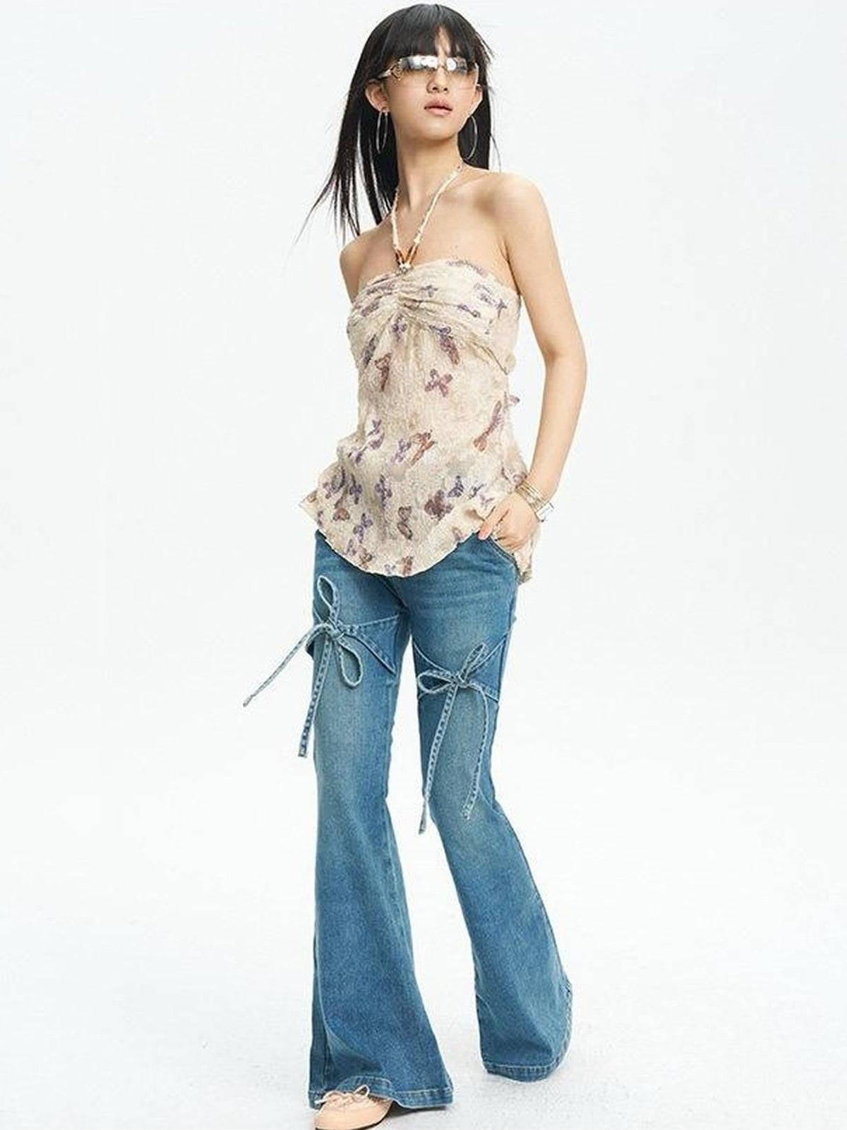 NextPassport MOF French Vintage Bow Loose Slight Stretch Women's Denim Bootcut Jeans