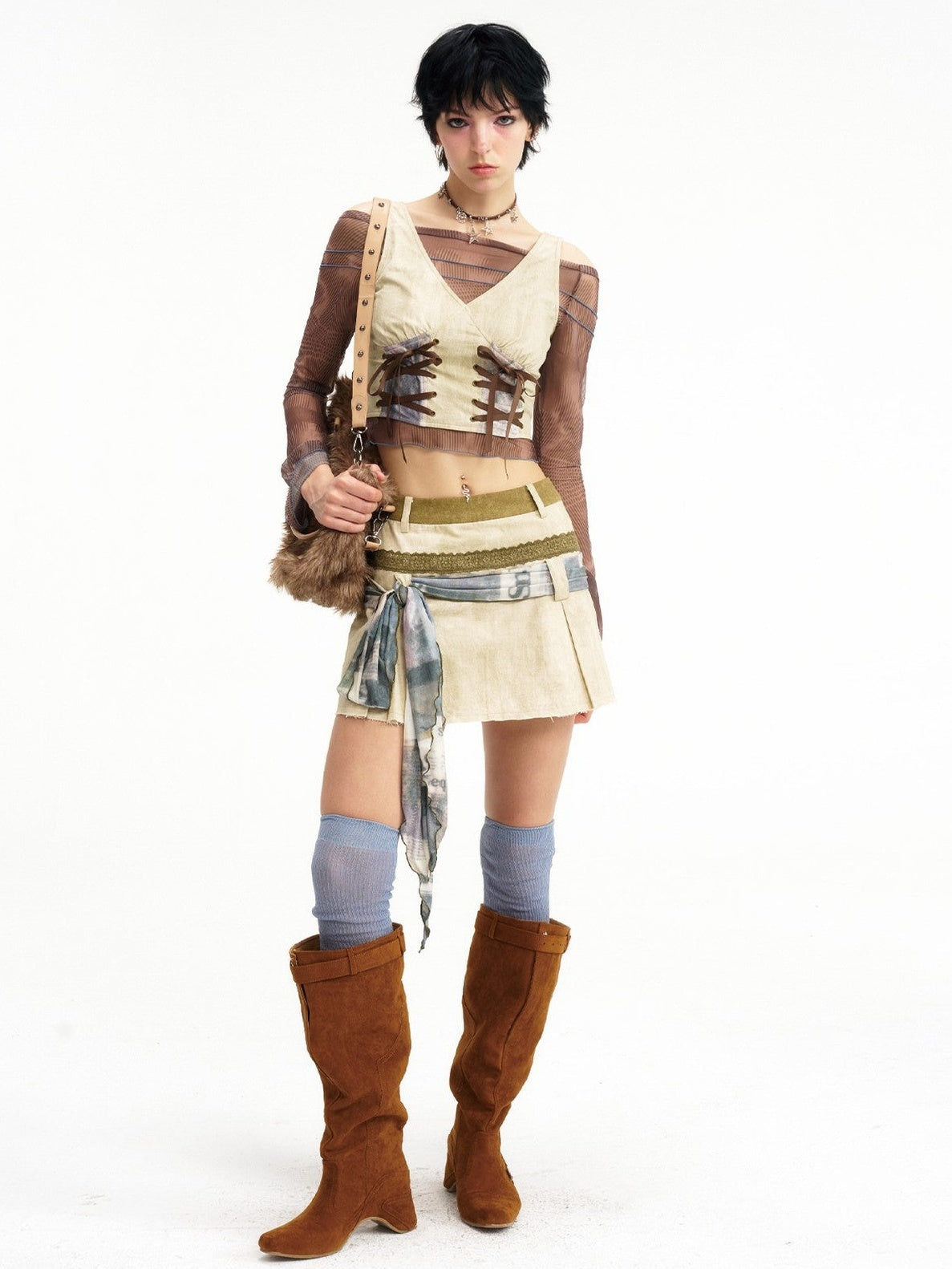 NextPassport MOF Wasteland Double Tie Strap Patchwork Women's Cotton Blend Matching Skirt Sets