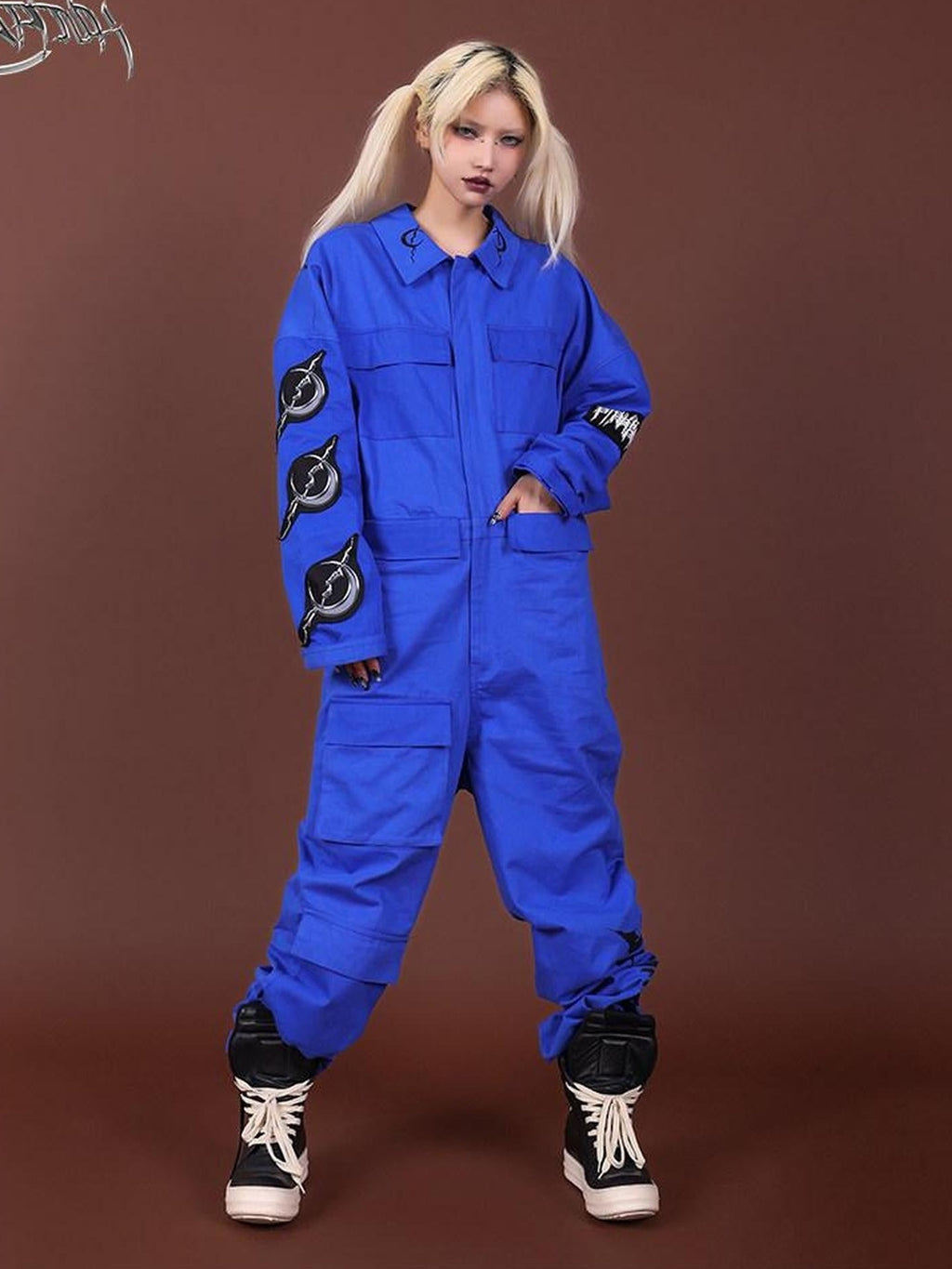 PINKSPINK Blue Patchwork Applique Embroidered Multi Pocket Women's Cotton Cargo Pants