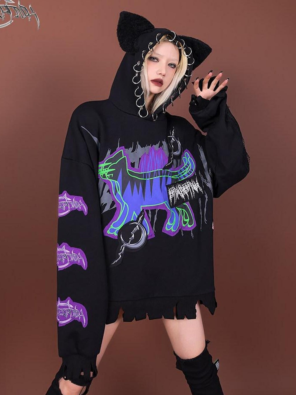 PINKSPINK Horror Cat Patch Embroidered Ring Ear Distressed Women's Cotton Hoodies