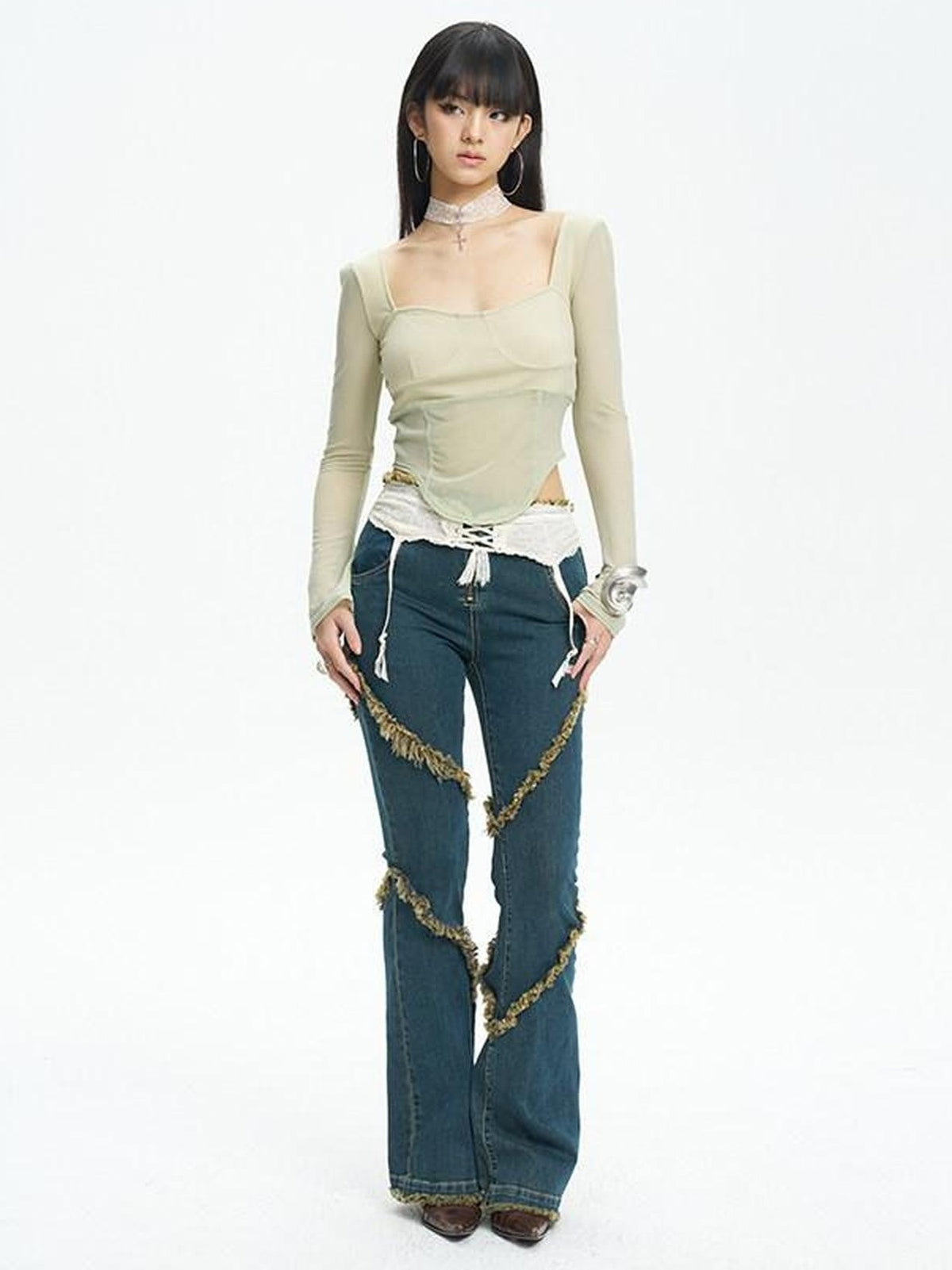 NextPassport MOF Mint Knit Mesh Splice Square Neck Cropped Women's Long Sleeve T-shirts