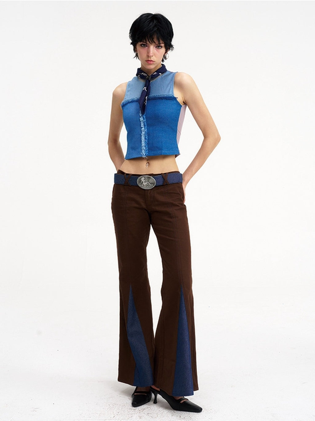 NextPassport MOF Brown Patchwork Denim Low Waist Zipper Women's Polyester Flare Jeans