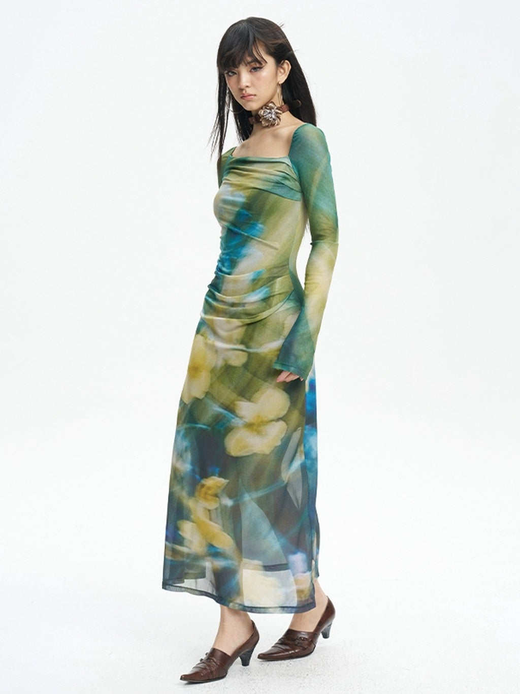 NextPassport MOF Green New Chinese Style Water Floral Mesh Women's Tulle Casual Maxi Dresses