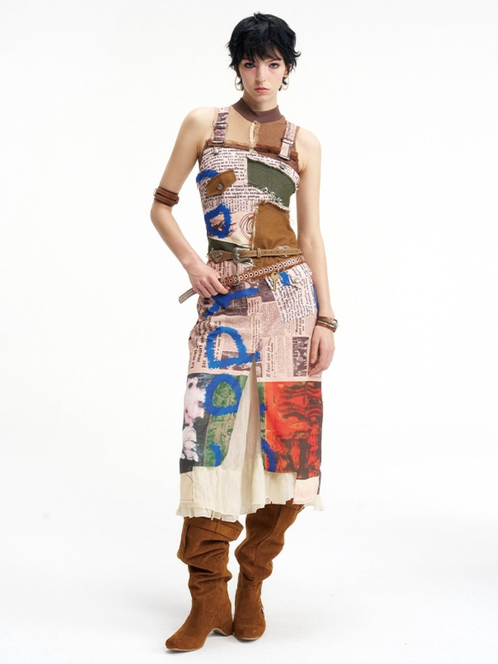 NextPassport MOF Newspaper Graffiti Strappy Slit Women's Polyester Slip Midi Dresses