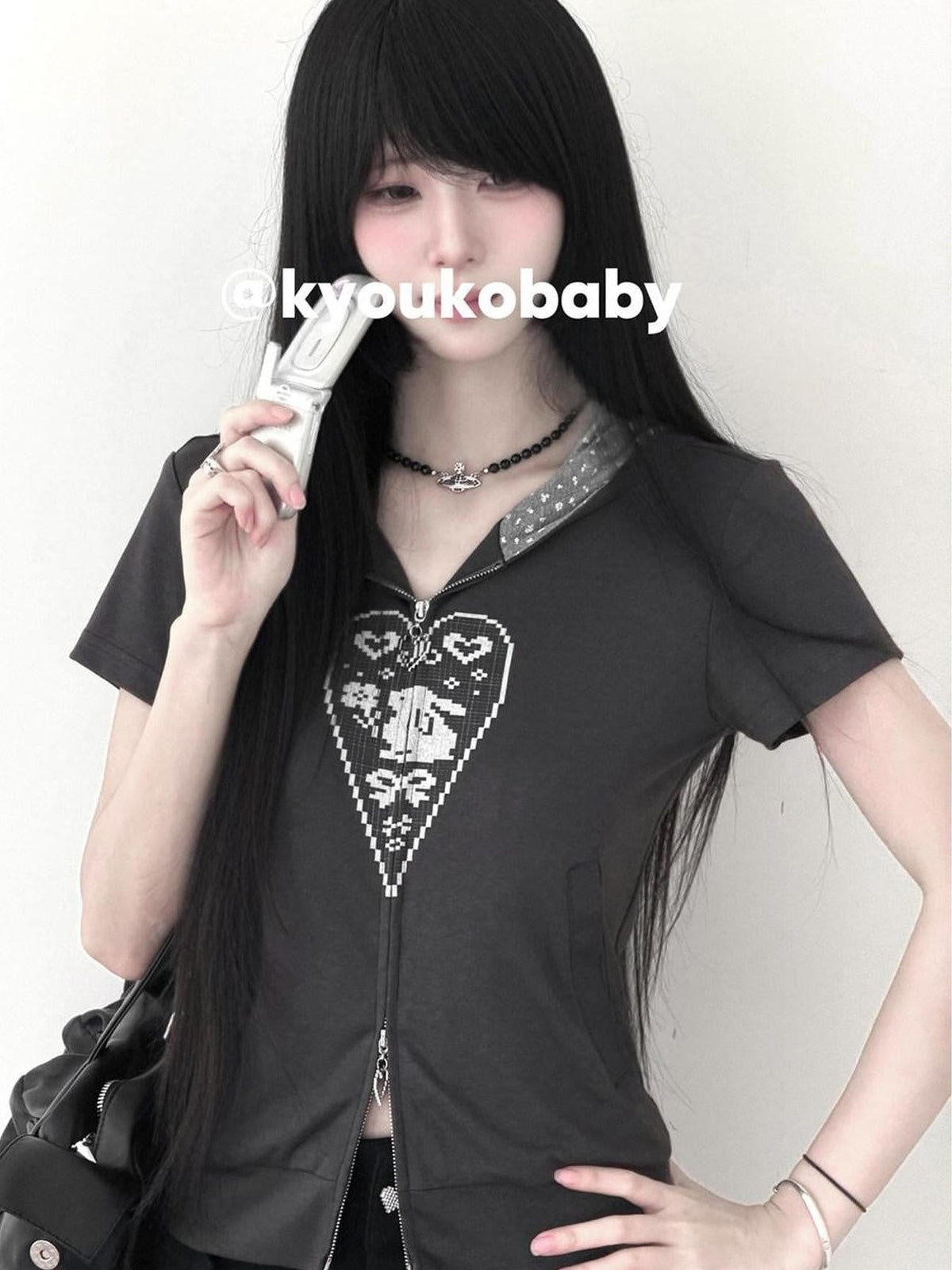 Kyouko Baby Cozy Bunny Ear Hooded Slim Double Zipper Women's Short Sleeve T-shirts