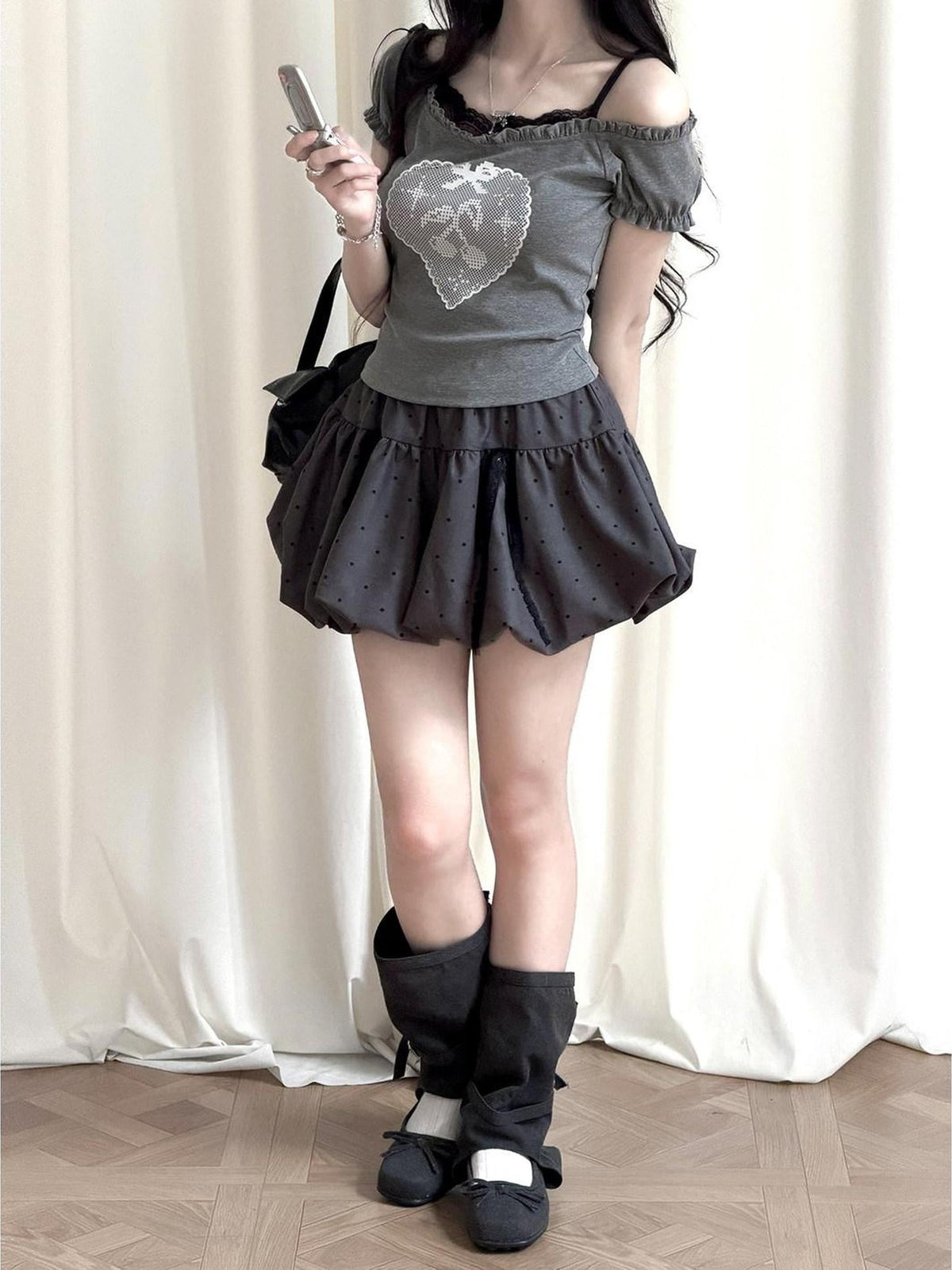 Kyouko Baby Millennial Gray Heart Print Puff Sleeve Off Shoulder Women's Matching Skirt Sets