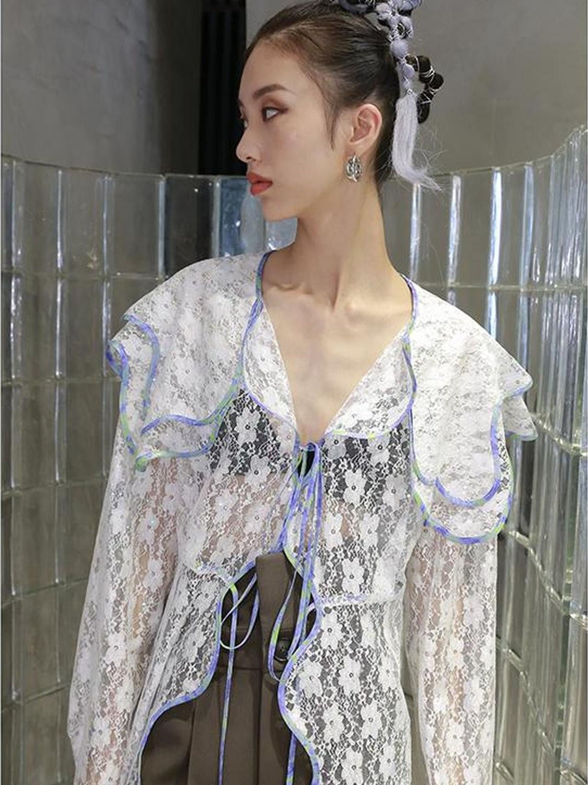 Jnylon studios Sequin Wavy Trim Ruffle Tie Neck Women's Lace Blouses