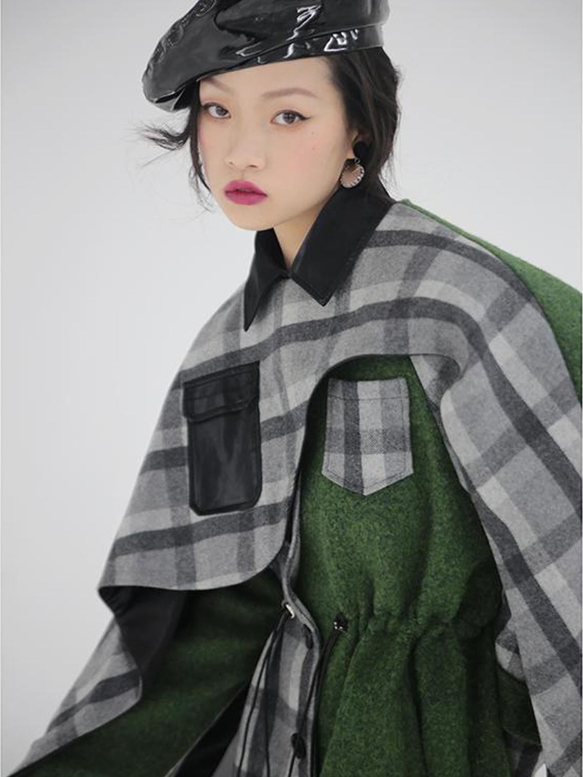 Jnylon studios Moss Green Plaid Deconstructed Patchwork Detachable Cape Women's Wool Coats