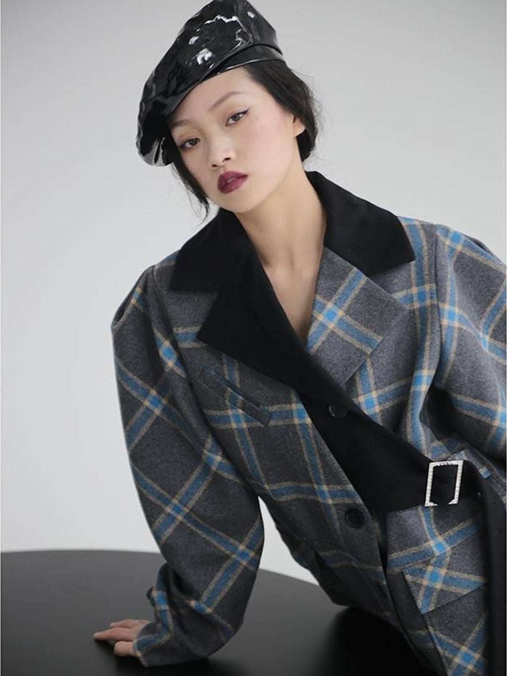 Jnylon studios Deconstructed Plaid Asymmetric Color Block Women's Wool Long Straight Coat With Pockets Buttons Wool Coats