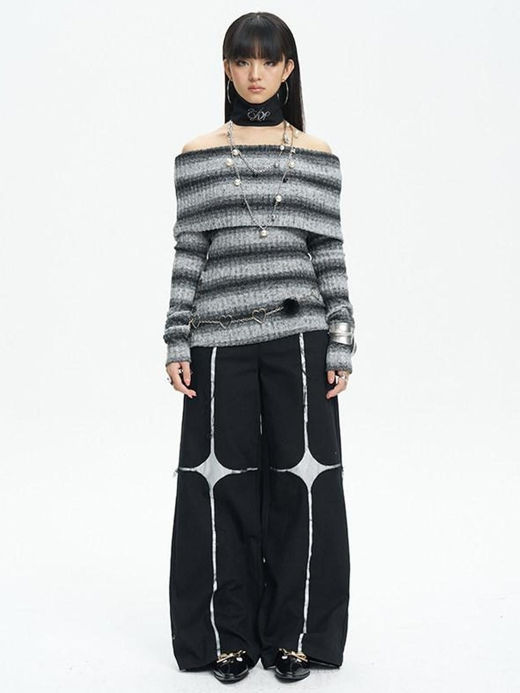 NextPassport MOF Black Asymmetric Silver Cross Sequin Women's Elastic Waist Wide-leg Pants