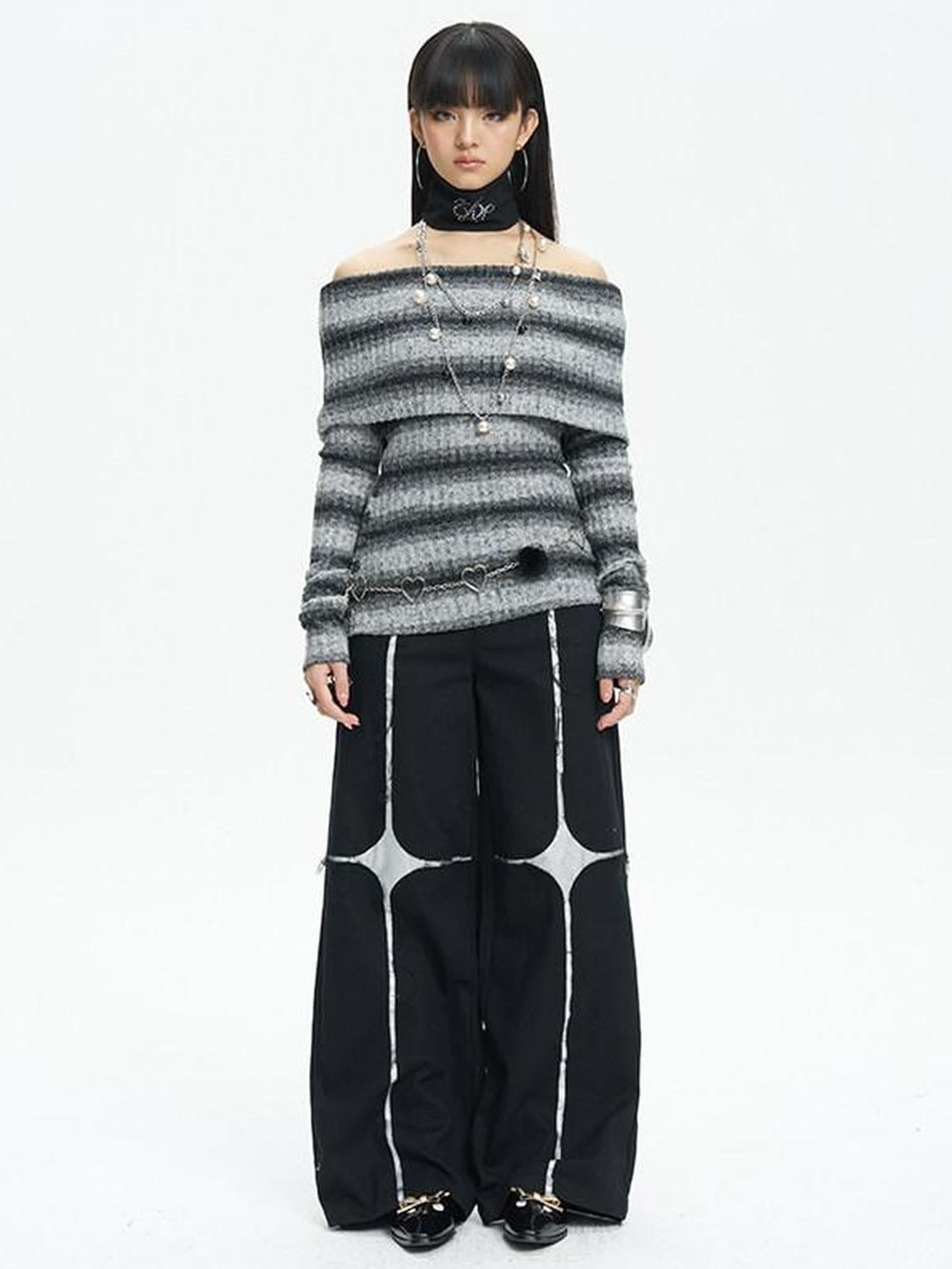 NextPassport MOF Black Asymmetric Silver Cross Sequin Women's Elastic Waist Wide-leg Pants