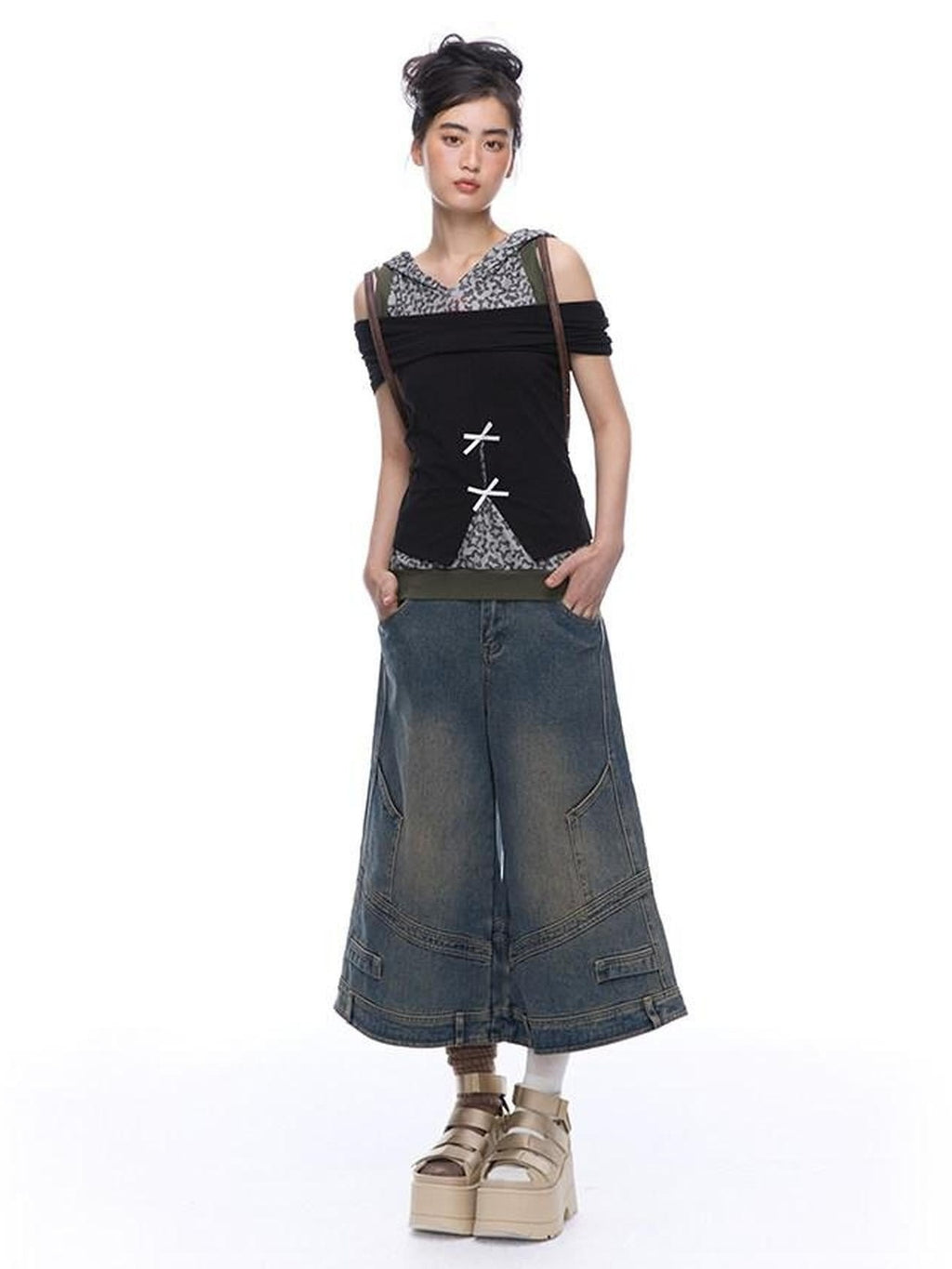 NextPassport MOF Mid Calf Raw Hem Deconstructed Panelled Women's Denim Cropped Jeans