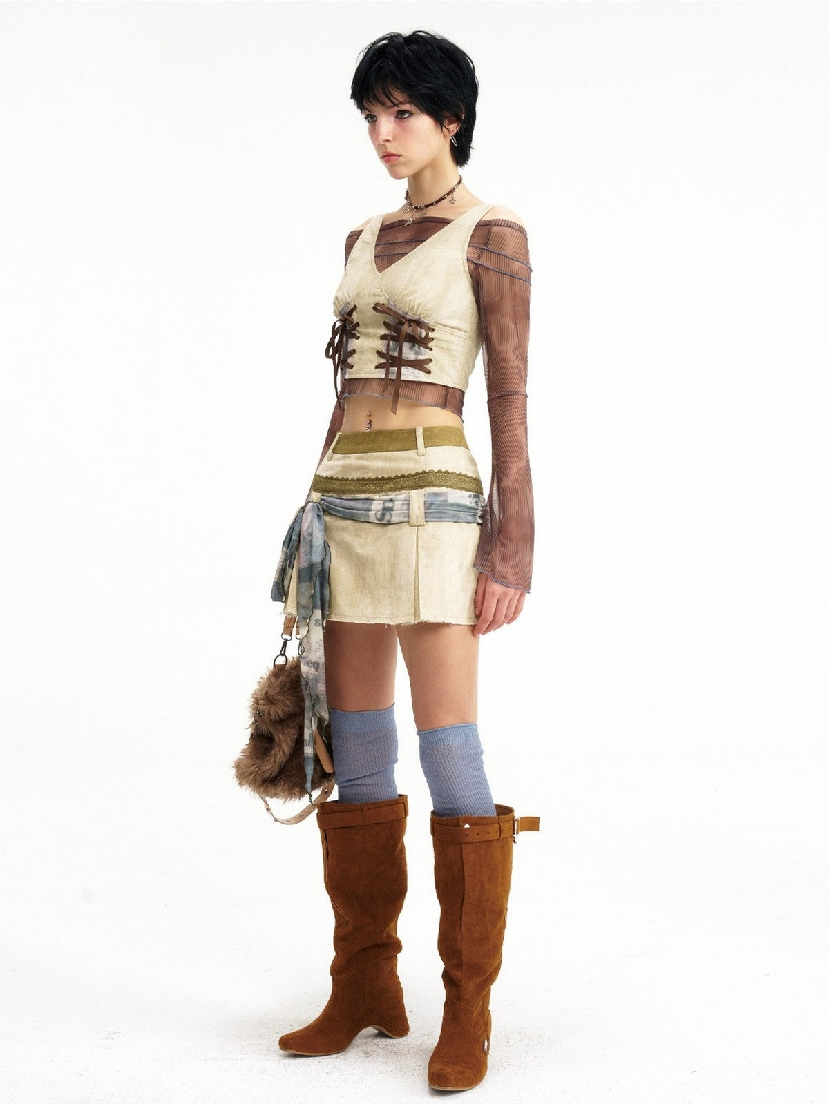 NextPassport MOF Wasteland Double Tie Strap Patchwork Women's Cotton Blend Matching Skirt Sets