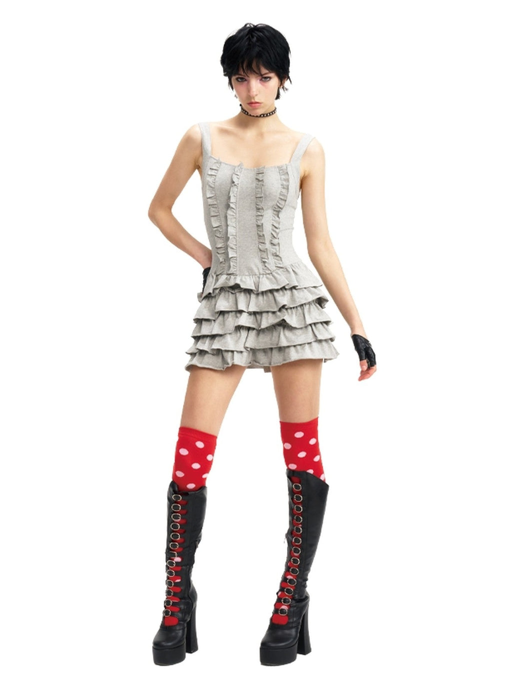 NextPassport MOF Gray Knit Puffed Tiered Spaghetti Strap Women's Cotton Slip Mini Dresses