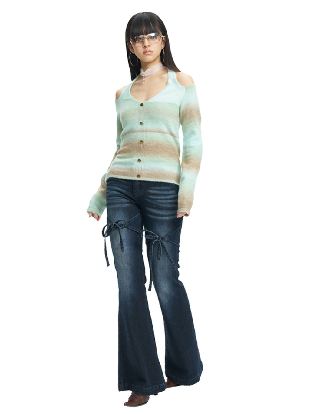 NextPassport MOF Brown Green Colorblock Embroidered Halter Neck Women's Knit Cardigans