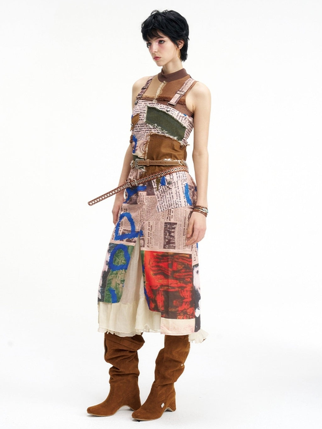 NextPassport MOF Newspaper Graffiti Strappy Slit Women's Polyester Slip Midi Dresses