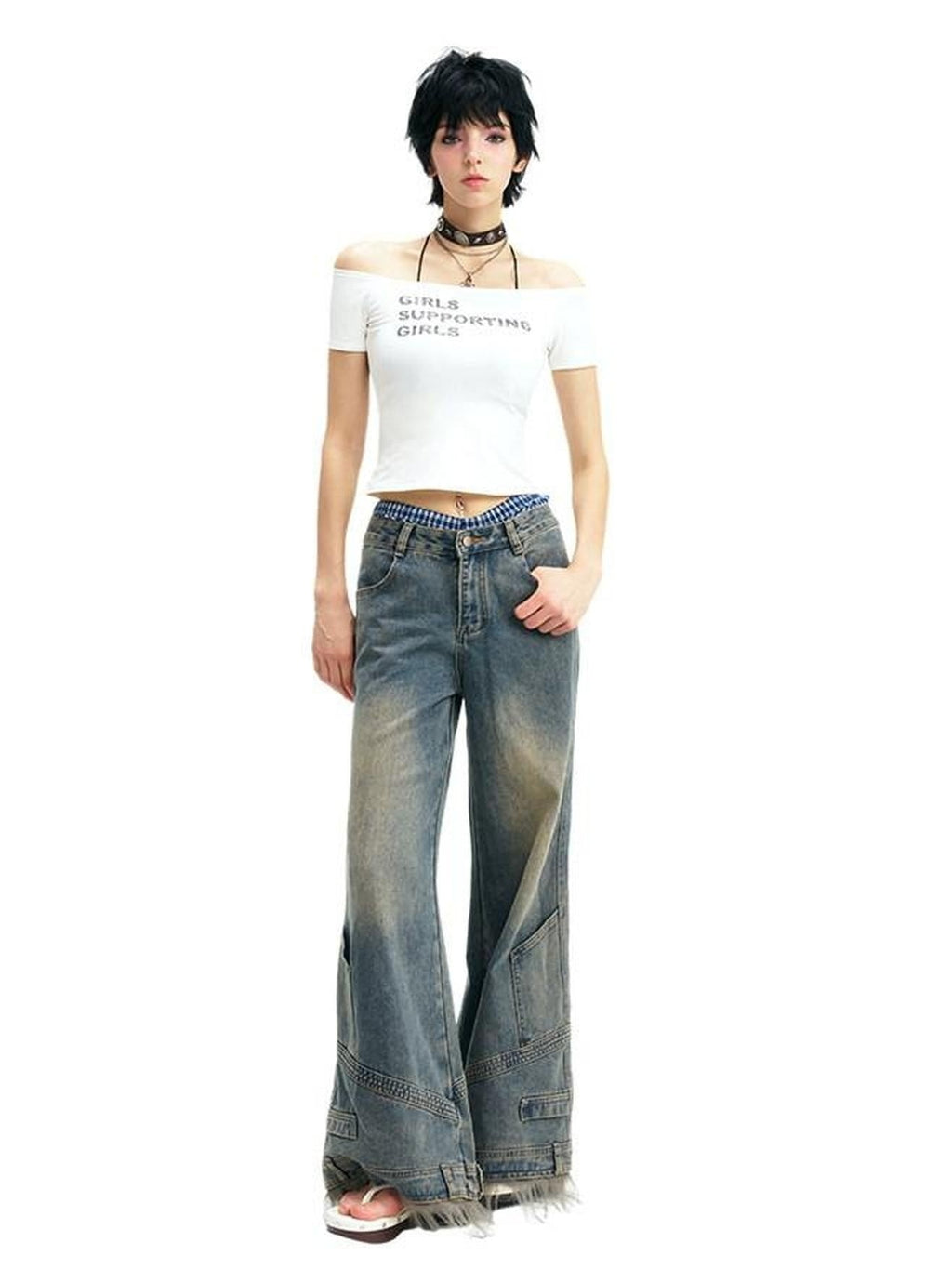NextPassport MOF Vintage Deconstructed Frayed Hem Zip Fly Women's Denim Wide-leg Jeans