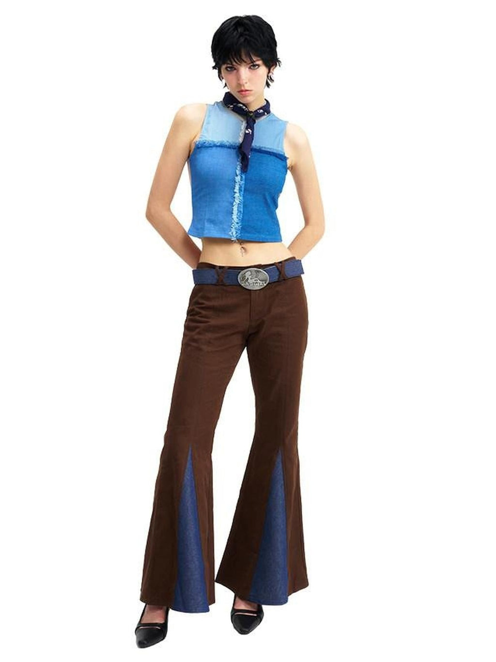 NextPassport MOF Grid Denim Patch Mesh Mock Neck Zippered Loose Women's Spandex Tank Tops