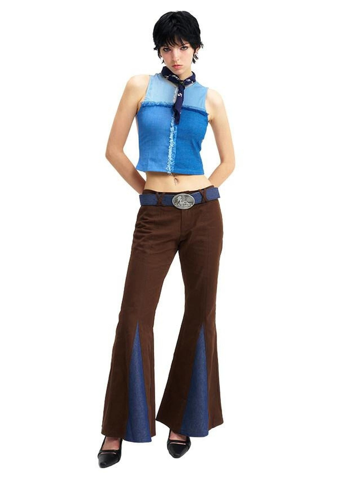 NextPassport MOF Grid Denim Patch Mesh Mock Neck Zippered Loose Women's Spandex Tank Tops