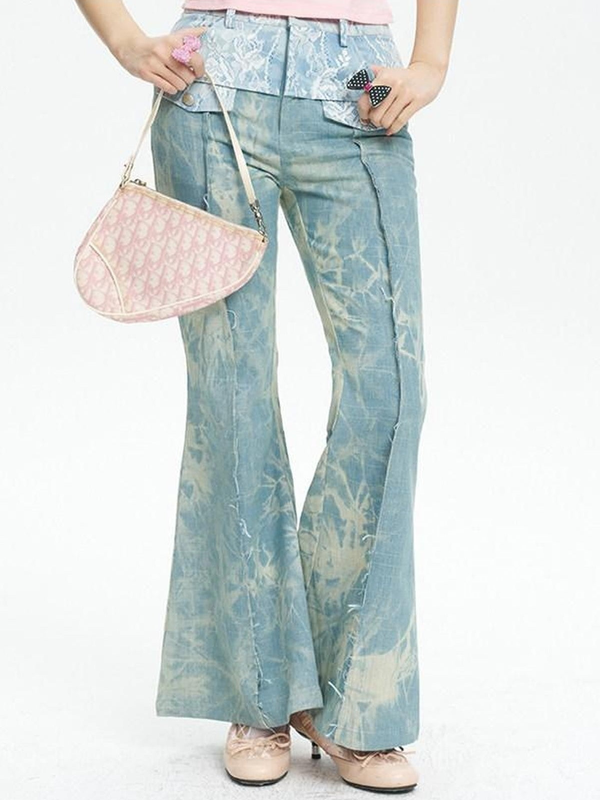 NextPassport MOF Light Blue Printed Lace Patchwork Slim Women's Denim Flare Jeans