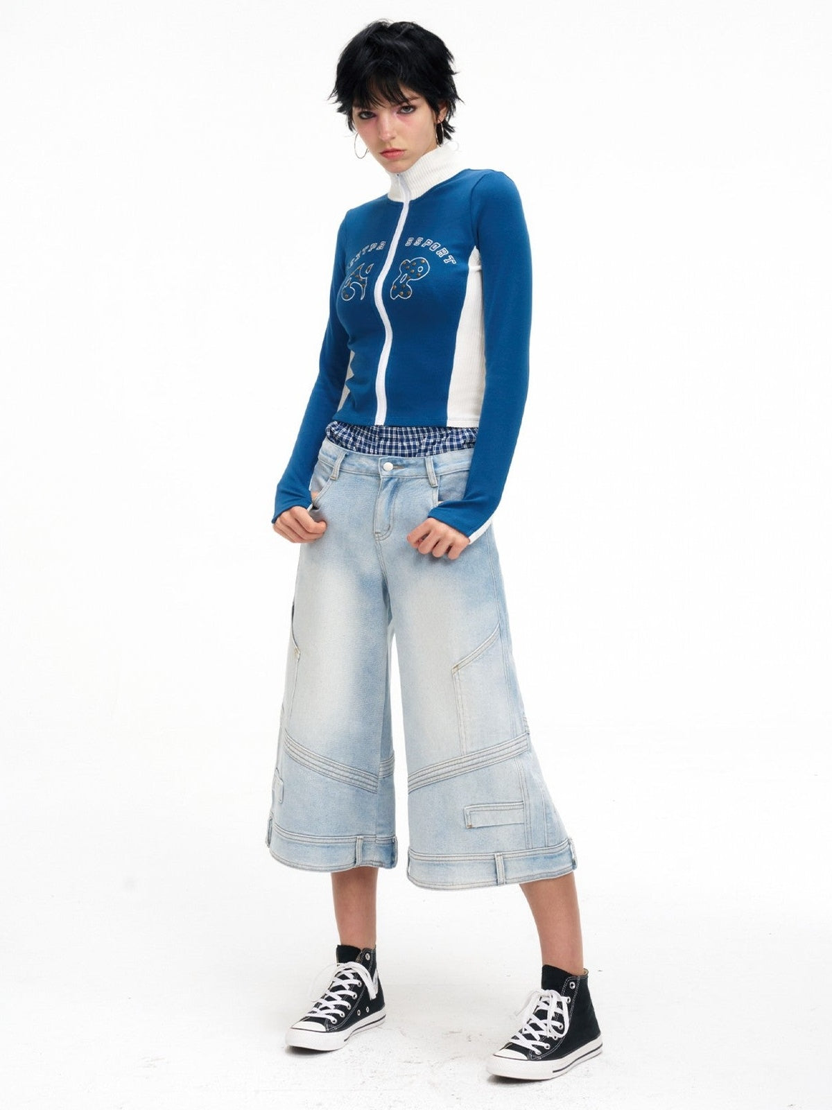 NextPassport MOF Light Blue Washed Wide Leg Faux Waist Zip Fly Women's Cotton Cropped Jeans