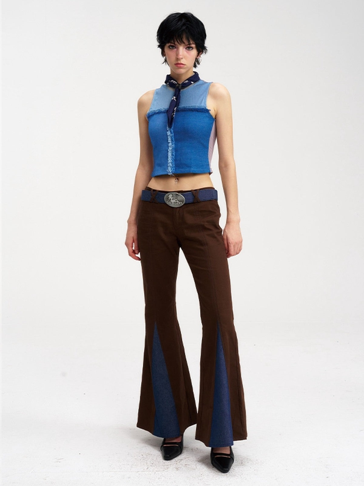 NextPassport MOF Brown Patchwork Denim Low Waist Zipper Women's Polyester Flare Jeans