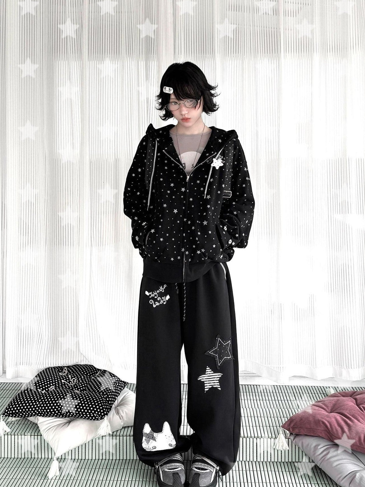 Kyouko Baby Black Oversized All Over Star Print Women's Other Material Zip-up Hoodies