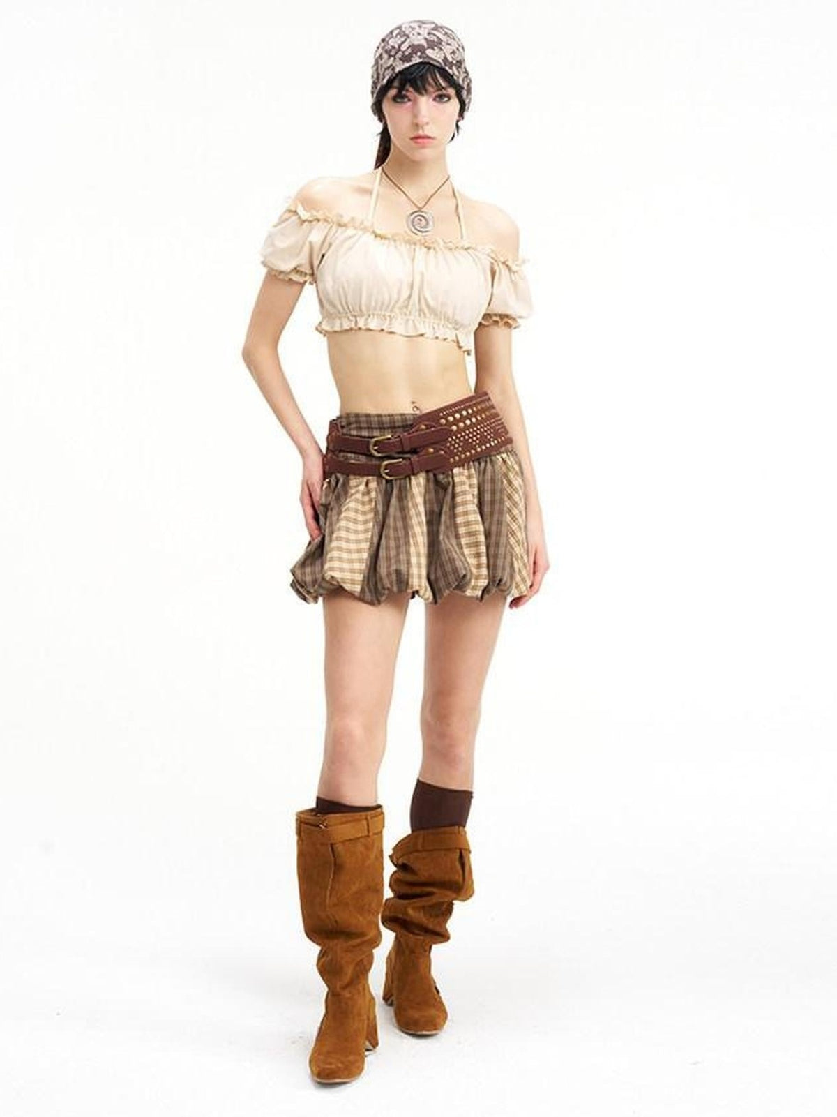 NextPassport MOF Brown Plaid Patchwork Striped Pumpkin Women's Polyester Blend Mini Skirts