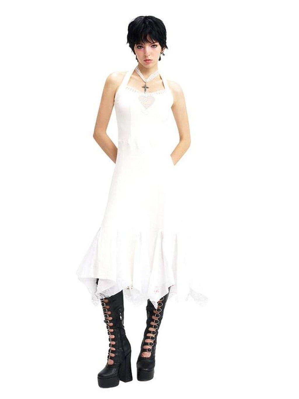 NextPassport MOF Ivory Swan Embroidery Lace Trim Ballet Hem Women's Cotton Halter Midi Dresses